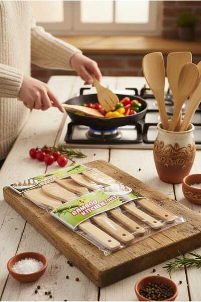 Generic طقم أدوات طهي خشبية من الخيزران عالي الجودة مكون من 5 قطع
