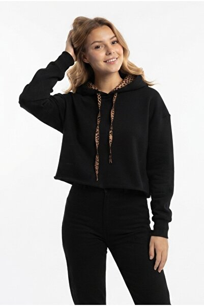 Şeker Portakalım Women's Leopard Detailed Hooded Crop Oversize Thick Sweatshirt