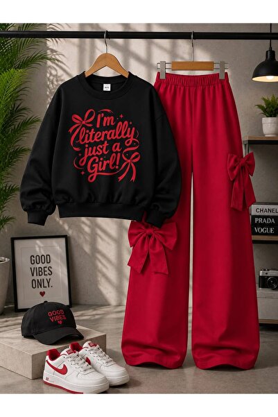 Machetta Girl's Crew Neck Sweatshirt - Bow Detail Sweatpants Top and Bottom Set