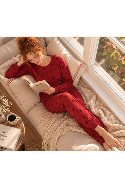 NoaLoungwear BASKILI PİTİKARE ÖRGÜLÜ WAFFLE KUMAŞ PİJAMA TAKIMI