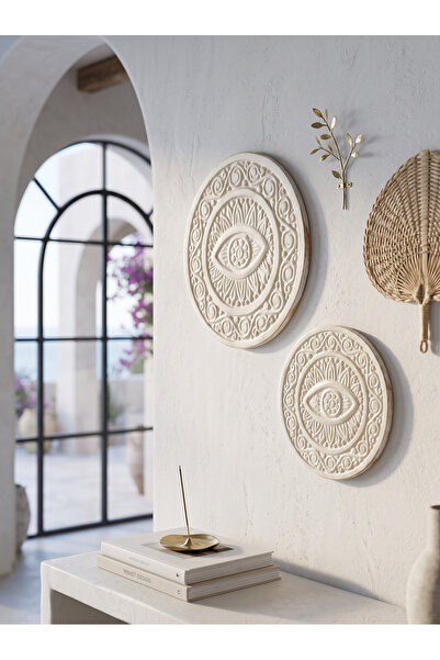 Nazar Ahşap Duvar Tabağı 2'li Set Beyaz I 30 & 25 cm