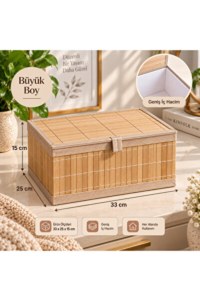Le Paon Bambu Organizer Kutu Büyük Boy Kapaklı Saklama Kutusu Çok Amaçlı Düze...