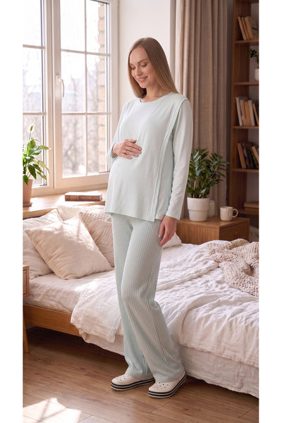ERDENİZ TEKSTİL Adjustable Waist Maternity Pajama Set with Hidden Nursing Fea...