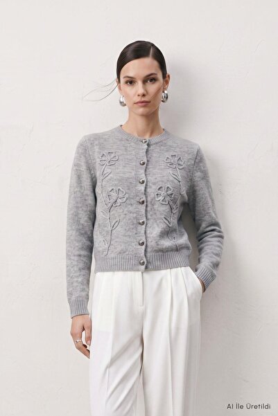 Rays Cardigan cu nasturi brodat cu flori 7051 Gri
