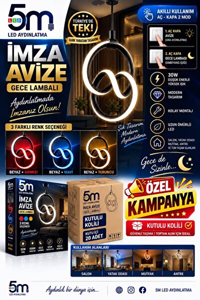 LED PAZARI Modern İmza Avize Gece Lambası Özellikli 2 Renk Sarkıt Power Ledli...