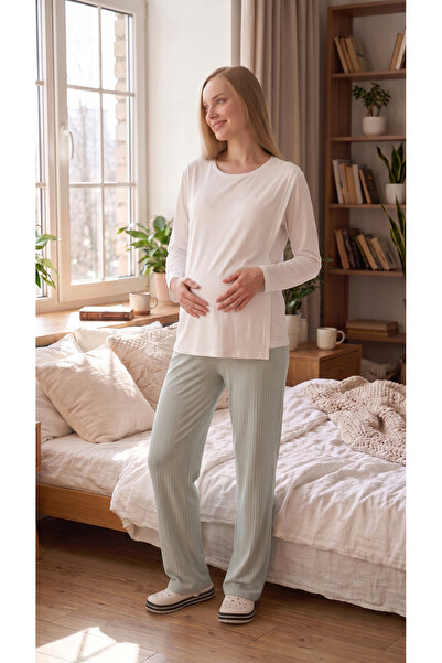 ERDENİZ TEKSTİL Adjustable Waist Maternity Pajama Set with Hidden Nursing Fea...