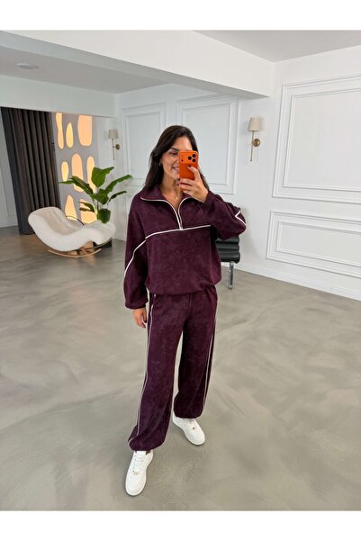 Elif Özbey Butik Mürdüm Biyeli Yarım Fermuarlı Takım