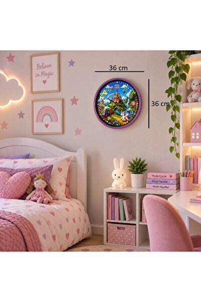 TakÇalıştır Sihirli Masal Dünyası 36 x 36 Cm Mor Çocuk Duvar Saati