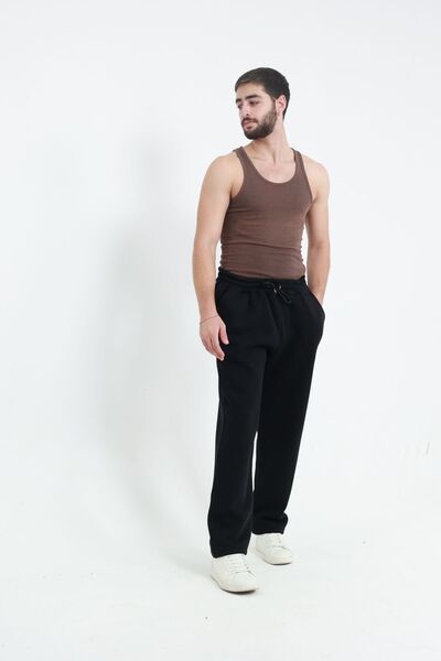 Quanlex Men's Oversize 3 Thread Ribbed Cuff Pocket Black Sweatpants