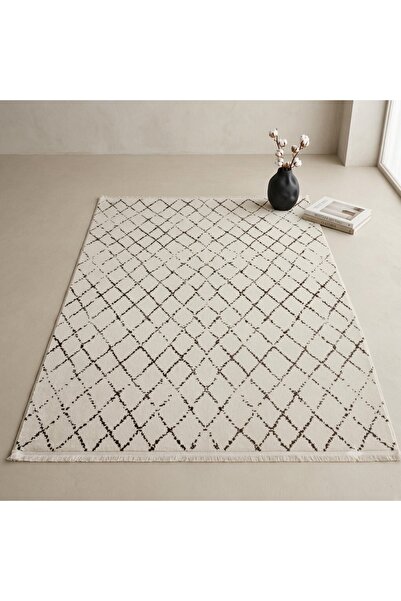4 m² Bambu Tarz Yıkanabilir Geometrik Desenli Dokuma Taban Salon Halısı 160x230 Krem