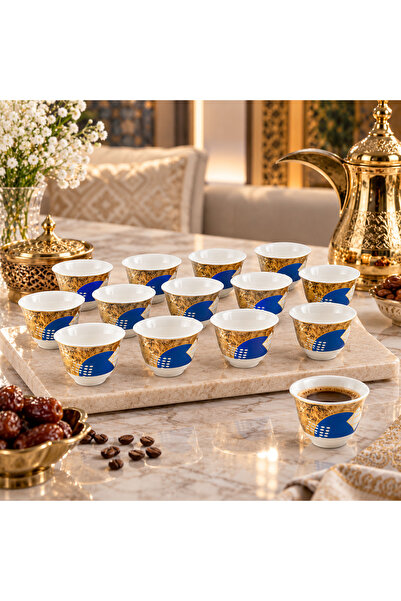 Dania Luxury Porcelain Arabic Coffee Cup Set - 12 Pieces - Modern Blue and Go...