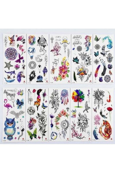Generic Temporary Tattoos Sticker Sheets - Pack of 10 Assorted Designs