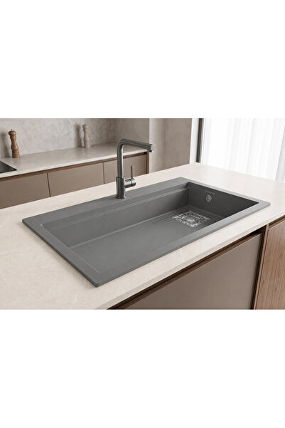 GÜNEY ANKASTRE RealStone A03 LIKYA 75,5×47 cm Gri Granit Evye + Tekli Sifon v...