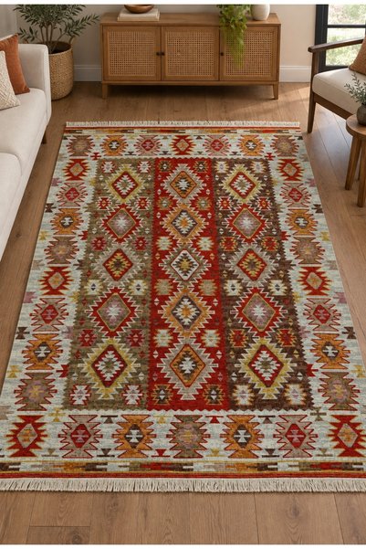 Safir Kilim Safir Şönil Çift Taraflı Etnik Desenli Kilim – Renkli Özel Tasarı...