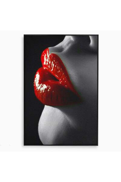 Luxcanva Tablou Canvas Sarutul Rosu 40x60 cm cu Rama Negru Buze Arta Modern