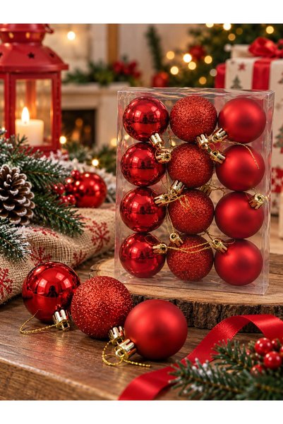 BiTon Toptan Set de 12 ornamente pentru brad de Crăciun roșii de 4 cm - Ornamente de Crăciun cu globuri de pin mixte mate, strălucitoare și strălucitoare