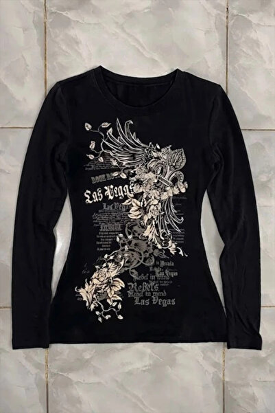BALİNA Siyah Las Vegas Rebels Grunge Y2K Uzun Kollu Crop