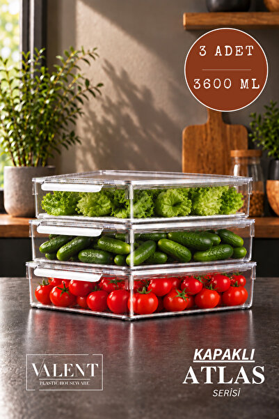 VALENT Atlas 3'lü 3600ML Kapaklı Saklama Kabı Buzdolabı Düzenleyici Akrilik