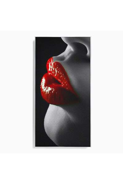 Luxcanva Tablou Canvas Sarutul Rosu 50x100 cm cu Rama Argintiu Buze Arta Modern