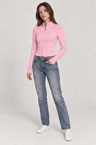 TENA Women's Pink Front Double Zipper Camisole Blouse with Stitching Detail