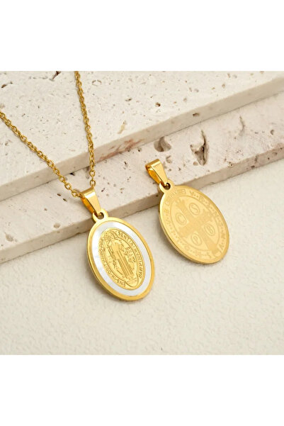 Peach Jewelry Οβάλ ατσάλινο με Παναγία, ζιργκόν και φιλντί, με λεία επιφάνεια...