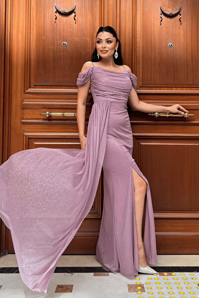 giyimmasalı Glittery Fabric Low-Sleeve Dress with Shawl Detail - Dried Rose
