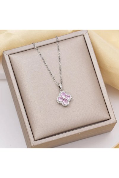 Peach Jewelry Γυναικείο Κρεμαστό Λουλούδι από Ατσάλι Τιτανίου, Ασημί-Ροζ