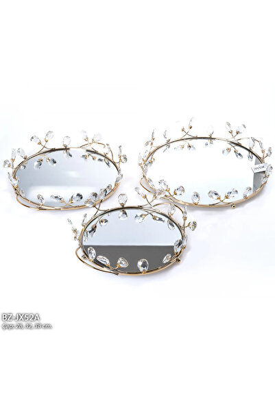 Hinora Home Set of 3 Crystal Stone Mirrored Decorative Presentation Trays Gold – Promise Engagement Chocolate Treat Tray 28-32-38 cm