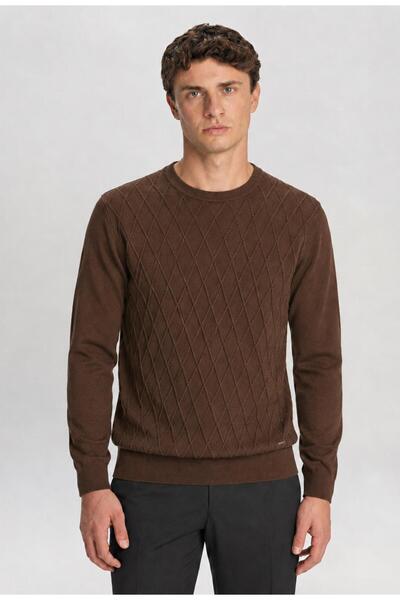 TENA Men's Brown Crew Neck Diamond Knit Corspan Knitwear