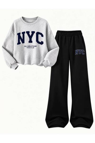 MORNİNG KİDS Kız Çocuk Gri NYC Baskılı Bisiklet Yaka Sweatshirt- Siyah Bol Ke...