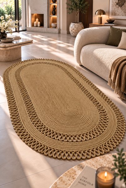 MaVaux Alessa Doğal Oval Hasır Jüt Kilim Oval Dekoratif Örgü Kilim – Modern Bohem Tasarım, Şık ve Doğal Görünüm, Salon, Mutfak ve Antre Kullanımı Desenli, Dekoratif, Kilim, Salon Çeyizlik, Hediyelik