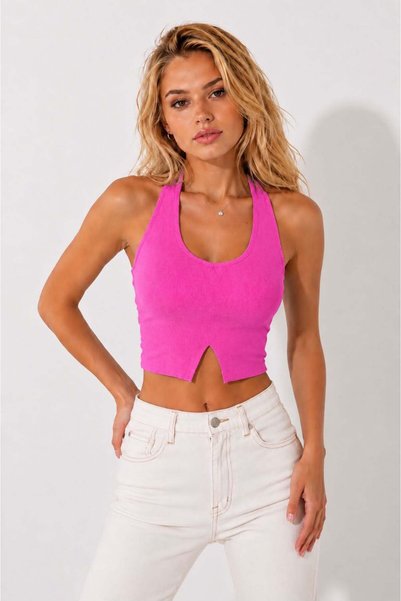 ISO MODA Kadın Kaşkorse Crop Atlet Geniş Askılı U Yaka Fitilli Yırtmaç Detaylı