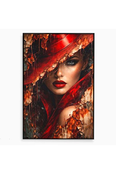 Luxcanva Tablou Canvas Femeie Misterioasa 40x60 cm cu Rama Negru Portret Rosu...