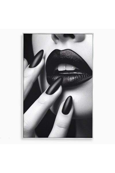 Luxcanva Tablou Canvas Buze Negre 80x120 cm cu Rama Argintiu Buze Portret Modern