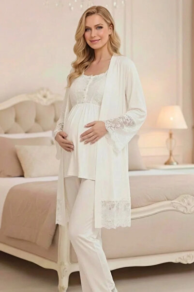 Rimel Homewear Women's Ecru Lace Breastfeeding Compatible 3-Piece Maternity P...