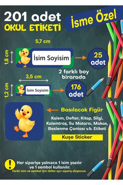 Okul Etiketi Kişiye Özel Okul Etiketi Kalem Defter Etiketi İsimli Sticker İsme Özel Okul Etiketi ördek