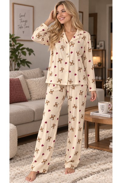 forte bella Beige Teddy Bear Pattern Trendy Top and Bottom Pajama Set