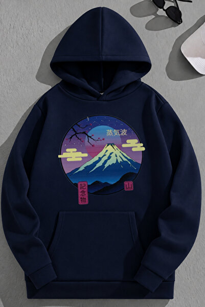 K KOZZ STYLE Unisex 3-κλωνο βαμβακερό φούτερ με στάμπα Navy Blue Sakura με κο...