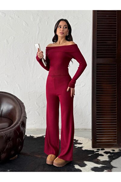 HKT HAK TEKSTİL Ribbed Knitted Fabric Madonna Collar Crop Blouse and Wide Leg...