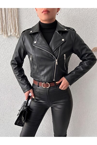 mass fashion Γυναικείο κοντό δερμάτινο μπουφάν με λεπτομέρεια στα κουμπιά