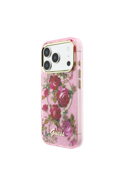 Guess iPhone 18 Pro Compatible Case Licensed M-Safeli Rose Patterned Glittery Text Logo Cover Pink