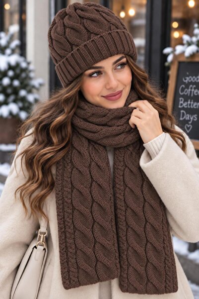 Wearflawless Kadın Yün 2'li Takım Kışlık Şık Örme Bere ve Atkı Takımı, İkili ...