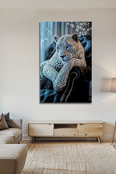 Parıltı Yayınları Ultra Lüks Kristal Leopar Dekoratif Cam Tablo Mavi Gözlü Gü...