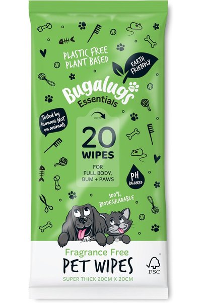 Bugalugs Biodegradable Pet Wipes (20 Large Plastic Free & plant based Wipes) ...