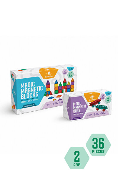 SWEETBEE Manyetik Yapı Blokları 38 Parça (36 Blok + 2 Araç Dahil) - Renkli 3D...