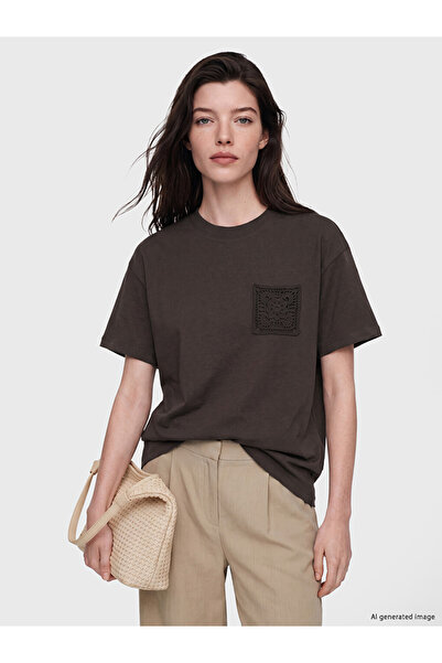 LC Waikiki Lcw Comfort Brown Embroidered 100% Cotton Women's T-Shirt