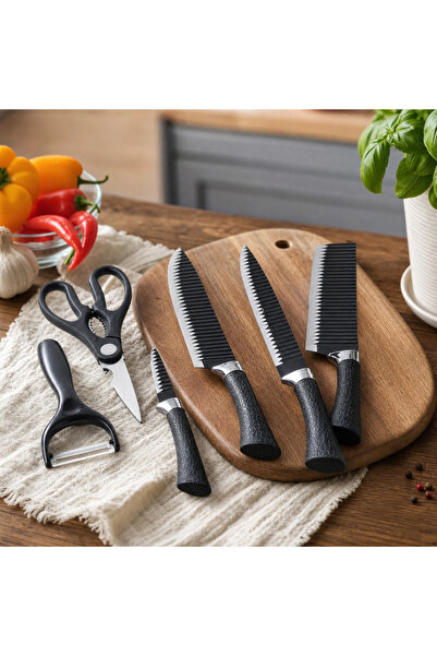 Vivendo 6-piece kitchen knife set – black knives, scissors and cleaner