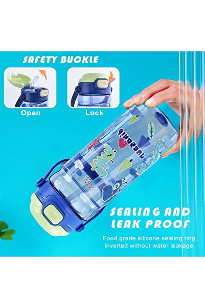 UKR Button Straw Water Bottle 550 ml Boys Blue Leakproof School Kids 18 oz Automatic Drinking Bottle Toddlers Press On Refillable BPA free (Dinosaur)