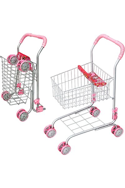 UKR Kids Shopping Cart Toy, Foldable Metal Trolley with Child Seat, Pink, Pre...