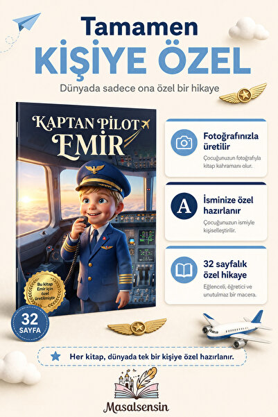 Pilot Kişiye Özel Çocuk Kitabı - İsme Özel Masal - Pilot Olmak İsteyen Çocuklara Hediye